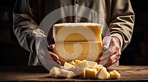 A man with a deep appreciation for cheese showcases his skill as a cheesemaker. cheese in hands