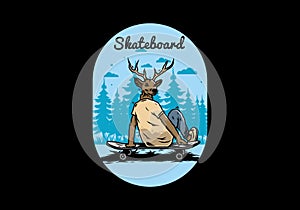 Man with deer head sitting on skateboard illustration