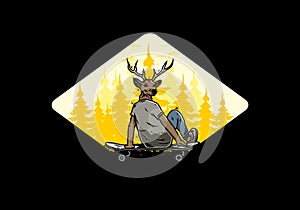 Man with deer head sitting on skateboard illustration