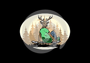 Man with deer head sitting on skateboard illustration