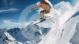 A man defying gravity as he flies through the air while riding skiis, Skier performing a jump on a snowy mountain slope