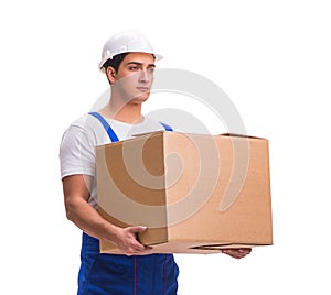 Man delivering box isolated on white