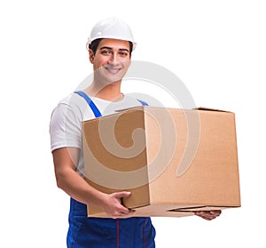 Man delivering box isolated on white