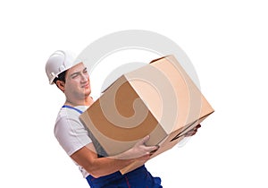 Man delivering box isolated on white