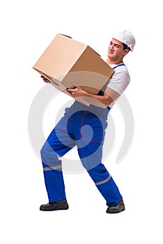 Man delivering box isolated on white