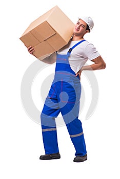 The man delivering box isolated on white