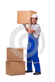 The man delivering box isolated on white