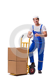 The man delivering box isolated on white