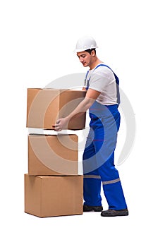 The man delivering box isolated on white