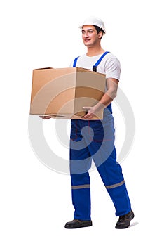 Man delivering box isolated on white