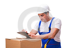 The man delivering box isolated on white