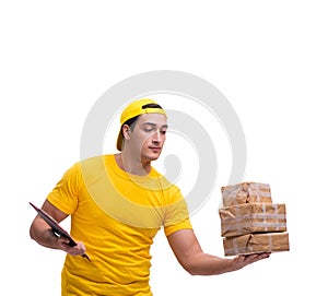 Man delivering christmas present isolated on white