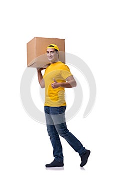 The man delivering christmas present isolated on white