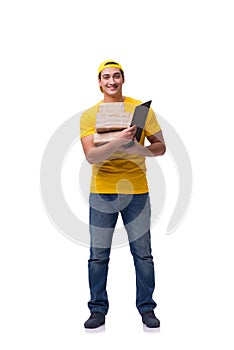 The man delivering christmas present isolated on white