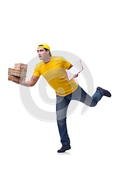 The man delivering christmas present isolated on white