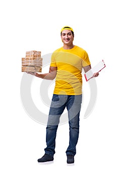 The man delivering christmas present isolated on white