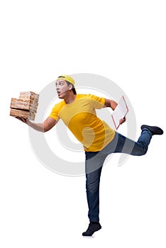 The man delivering christmas present isolated on white