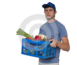 Man is delivering groceries to the customer. Isolated on white background