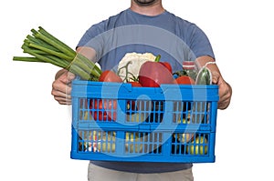 Man is delivering groceries to the customer. Isolated on white background