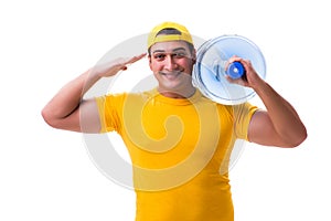 The man delivering water bottle isolated on white