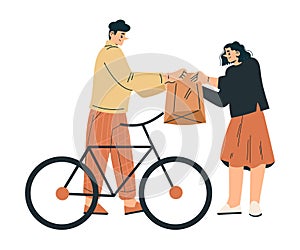 Man Delivery Courier on Bicycle Give Bag to Woman Customer Vector Illustration