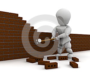 Man demolishing a wall with a sledge hammer