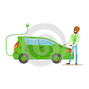 Man Demonstrating Green Electric Car , Contributing Into Environment Preservation By Using Eco-Friendly Ways