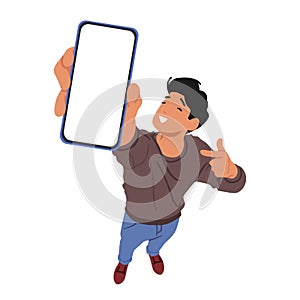 Man Demonstrating Smartphone Features. Male Character Pointing At Screen With Finger, Showcasing Its Capabilities