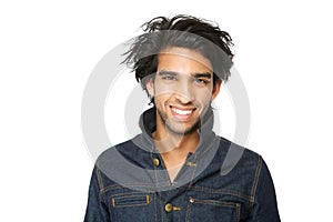 Man with denim jeans jacket smiling