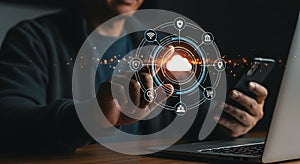 Cloud Technology Integration Man Interacting with Digital Network with Smartphone and Laptop for Modern Solutions