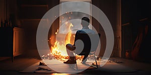 A man with depression sits on a chair and looks at the flames.