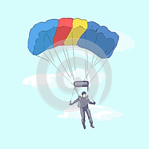 Man descends on a parachute, drawing in vector.