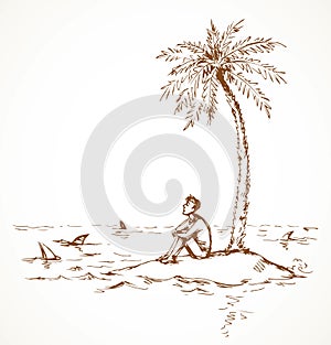 Man on a desert island. Vector drawing