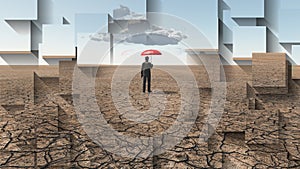 Man in desert with umbrella and single cloud