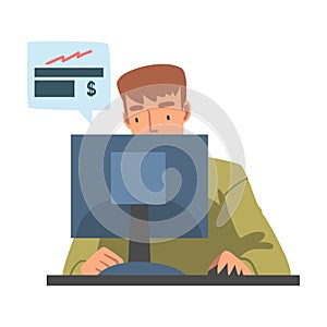 Man at Desktop Computer Analyzing Financial Profit Growth and Evaluating Revenue and Expense Vector Illustration