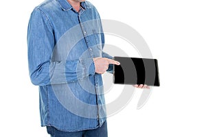 Man detail close up with blank black screen tablet in white background