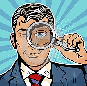 The man is a detective looking through magnifying glass search. Vector pop art illustration