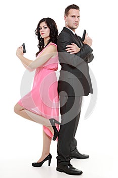 Man detective secret agent criminal and woman with gun