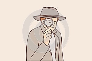 Man detective use magnifying glass to investigate crime scene or looking for necessary information