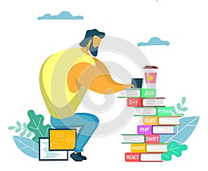 Man developer working online at home vector illustration