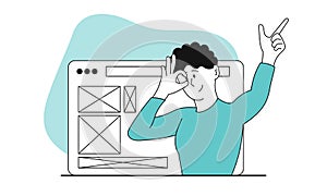 Man developing a website vector illustration concept. Programming digital work and coding design app. Develop interface and