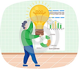 Man develops creative business idea holding bright light bulb standing near whiteboard with diagram