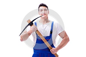 The man with a digging axe hoe on white background isolated photo