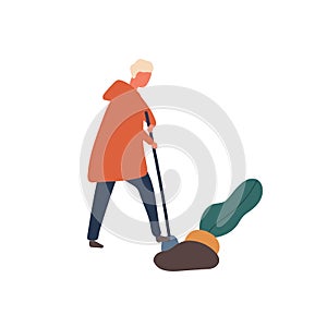 Man digging out big beet flat vector illustration. Young farmer with shovel cartoon character. Harvest season, husbandry