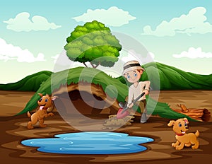 Man digging soil with a shovel near a small pond