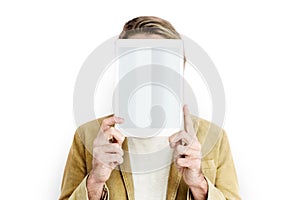 Man Digital Tablet Face Covered Copy Space Technology Concept