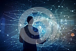 Man and digital technology, internet network connection. Generated AI photo