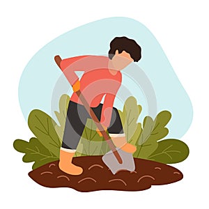 Man digs soil with shovel on farm. Person in protective gloves and boots grows organic food. Concept of eco-farming