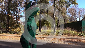 A man in a dinosaur costume walking in the park