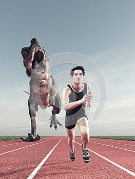 A man and a dinosaur running